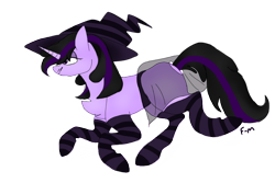Size: 900x600 | Tagged: safe, artist:sodadoodle, oc, oc only, oc:lila hatchet, species:pony, species:unicorn, blank flank, clothing, hat, panties, purple underwear, see-through, side view, simple background, skirt, socks, striped socks, transparent background, underwear, witch hat