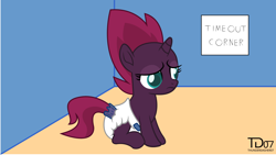 Size: 2564x1446 | Tagged: safe, artist:thunderdasher07, character:fizzlepop berrytwist, character:tempest shadow, my little pony: the movie (2017), diaper, female, filly, foal, sad, solo, time out, younger