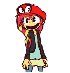 Size: 964x1017 | Tagged: safe, artist:lilboulder, character:sunset shimmer, my little pony:equestria girls, cappy (mario), clothing, colored sketch, crossover, facial hair, female, hat, jacket, moustache, simple background, solo, super mario odyssey, white background