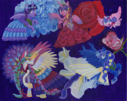 Size: 6000x4756 | Tagged: safe, artist:kelseyleah, character:princess cadance, character:princess celestia, character:princess flurry heart, character:princess luna, character:twilight sparkle, character:twilight sparkle (alicorn), species:alicorn, species:pony, absurd resolution, clothing, dress, flower, painting, traditional art