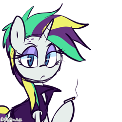 Size: 1280x1280 | Tagged: safe, artist:lilboulder, character:rarity, species:pony, species:unicorn, alternate hairstyle, clothing, drugs, eyeshadow, female, looking at you, makeup, mare, marijuana, punk, punkity, simple background, smoking, solo, white background