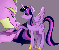 Size: 1176x1000 | Tagged: safe, artist:yam, character:spike, character:twilight sparkle, character:twilight sparkle (alicorn), species:alicorn, species:dragon, species:pony, ship:twispike, crown, eyes closed, female, jewelry, male, mare, older, older spike, regalia, shipping, size difference, straight