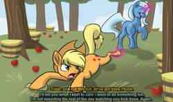 Size: 799x470 | Tagged: safe, artist:calicopikachu, character:applejack, character:trixie, species:earth pony, species:pony, species:unicorn, apple, apple orchard, apple tree, applejack's hat, bucket, clothing, cowboy hat, dialogue, dragging, female, food, hat, lesbian, magic, magic aura, mare, orchard, shipping, stetson, subtitles, tree, tripplejack