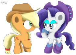 Size: 3683x2660 | Tagged: safe, artist:bronybehindthedoor, character:applejack, character:rarity, species:earth pony, species:pony, species:unicorn, ship:rarijack, bedroom eyes, blushing, boots, clothing, female, hat, lesbian, mare, shipping, shoes