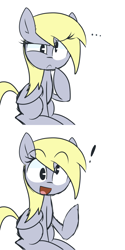 Size: 1280x2560 | Tagged: safe, artist:lilboulder, character:derpy hooves, species:pegasus, species:pony, ..., exclamation point, female, mare, open mouth, raised leg, simple background, sitting, solo, sudden realization, thinking, white background