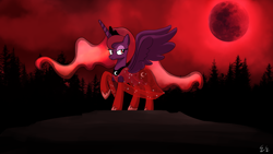 Size: 1600x900 | Tagged: safe, artist:egstudios93, character:princess luna, species:alicorn, species:pony, blood moon, clothing, dress, female, halloween, holiday, mare, moon, see-through, solo, spread wings, wings