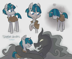 Size: 1024x841 | Tagged: safe, artist:flourret, character:pony of shadows, character:stygian, species:alicorn, species:pony, species:unicorn, episode:shadow play, g4, my little pony: friendship is magic, blushing, cloak, clothing, corrupted, cute, hair over eyes, shadorable, shadow pony, stygianbetes, text