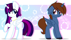 Size: 7000x4000 | Tagged: safe, artist:twily-star, oc, oc only, oc:headlong flight, oc:twily star, species:alicorn, species:pony, abstract background, alicorn oc, duo, female, jewelry, male, mare, movie accurate, necklace, stallion