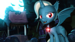 Size: 1920x1080 | Tagged: safe, artist:powdan, character:trixie, species:alicorn, species:bat, species:bat pony, species:pony, 3d, alicorn amulet, alicornified, bat ponified, bat pony alicorn, cape, clothing, fangs, female, full moon, gmod, looking at you, mare, moon, night, open mouth, ponyville, race swap, red eyes, smiling, solo, source filmmaker, trixiecorn, vampire, well
