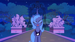 Size: 1920x1080 | Tagged: safe, artist:stasysolitude, character:clover the clever, character:princess luna, species:pony, chancellor puddinghead, commander hurricane, eyes closed, female, mare, open mouth, princess platinum, private pansy, s1 luna, smart cookie, statue, youtube link