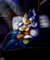 Size: 2600x3100 | Tagged: safe, artist:pinktabico, character:applejack, oc, oc:constance everheart, bed, bedroom, canon x oc, clothing, commission, cowboy hat, cuddling, everjack, eyes closed, female, freckles, hat, male, night, rain, shipping, sleeping, stetson, straight