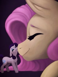 Size: 1536x2048 | Tagged: safe, artist:bighorsesarethebest, artist:smallhorses, character:fluttershy, character:rarity, species:pony, ship:rarishy, cute, eyes closed, female, lesbian, macro, micro, nuzzling, raribetes, shipping, shyabetes, size difference