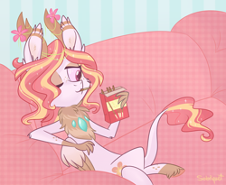 Size: 1024x841 | Tagged: safe, artist:flourret, oc, oc only, oc:serena, parent:princess celestia, parent:thorax, parents:thoralestia, species:changepony, chest fluff, couch, female, food, hybrid, offspring, one eye closed, pocky, solo