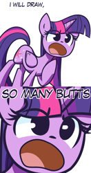 Size: 1280x2426 | Tagged: safe, artist:lilboulder, character:twilight sparkle, character:twilight sparkle (alicorn), species:alicorn, species:pony, 2 panel comic, butts, comic, cute, dialogue, female, open mouth, raised hoof, simple background, solo, twiabetes, white background