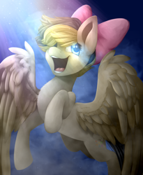 Size: 2438x2977 | Tagged: safe, artist:dusty-onyx, character:songbird serenade, species:pegasus, species:pony, my little pony: the movie (2017), bow, crepuscular rays, female, hair bow, high res, mare, open mouth, solo, songbetes, spread wings, wings
