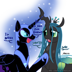 Size: 800x800 | Tagged: safe, artist:srmario, character:nightmare moon, character:princess luna, character:queen chrysalis, species:alicorn, species:changeling, species:pony, changeling queen, dialogue, female, looking at each other, mare, signature, simple background, transparent background