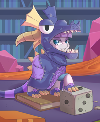 Size: 1650x2000 | Tagged: safe, artist:tikrs007, character:maud pie, species:earth pony, species:pony, episode:uncommon bond, g4, my little pony: friendship is magic, board game, book, clothing, costume, cute, dice, dragon costume, dragon pit, female, frown, lidded eyes, looking at you, mare, maudabetes, raised hoof, solo