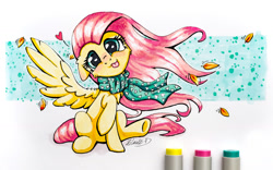 Size: 1600x1000 | Tagged: safe, artist:helmie-d, character:fluttershy, species:pegasus, species:pony, blep, chest fluff, clothing, female, floppy ears, head tilt, heart, leaves, looking at you, marker, marker drawing, one wing out, raised hoof, scarf, silly, silly pony, sitting, solo, tongue out, traditional art, windswept hair, windswept mane