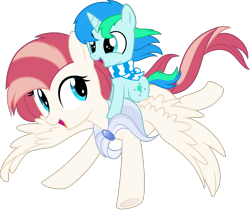 Size: 6000x5032 | Tagged: safe, artist:aureai, oc, oc only, oc:aureai, oc:cyan lightning, species:pegasus, species:pony, species:unicorn, .svg available, absurd resolution, cape, clothing, colt, cute, female, flying, happy, male, mare, ocbetes, open mouth, ponies riding ponies, scarf, simple background, spread wings, transparent background, vector, windswept mane, wings