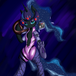 Size: 1000x1000 | Tagged: safe, artist:ruanshi, character:nightmare moon, character:princess luna, species:pony, bipedal, clothing, cosplay, costume, female, gun, looking at you, mare, overwatch, rifle, semi-anthro, sniper rifle, solo, weapon, widowmaker