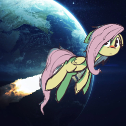Size: 1280x1280 | Tagged: safe, artist:lilboulder, character:fluttershy, species:pegasus, species:pony, earth, female, flying, looking at you, mare, messy mane, rocket, sick, solo, space, wat