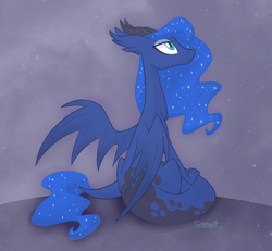 Size: 900x831 | Tagged: dead source, safe, artist:flourret, character:princess luna, species:dragon, chest fluff, dragoness, dragonified, ear fluff, ethereal mane, female, galaxy mane, horns, lidded eyes, looking up, lunadragon, missing accessory, signature, sitting, smiling, solo, species swap