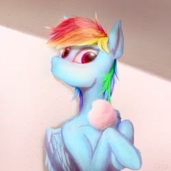 Size: 1024x1024 | Tagged: safe, artist:quvr, character:rainbow dash, species:pegasus, species:pony, cotton candy, female, fluffy, looking at you, mare, multicolored hair, solo