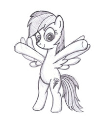 Size: 900x1050 | Tagged: safe, artist:m.w., character:rainbow dash, species:pegasus, species:pony, bipedal, cute, dashabetes, female, hugs?, incoming hug, mare, monochrome, open arms, simple background, sketch, smiling, solo, white background