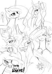 Size: 1447x2046 | Tagged: source needed, safe, artist:chigusa, character:daybreaker, character:princess celestia, oc, oc:anon, species:human, species:pony, blushing, boop, canon x oc, cellphone, collage, crying, cute, cutelestia, dialogue, eyes closed, feather, female, floppy ears, grayscale, hair over one eye, heart, human male, jewelry, lidded eyes, looking up, magic, male, mare, marriage proposal, monochrome, noseboop, open mouth, phone, regalia, sad, selfie, sharp teeth, sitting, smiling, sweat, sweatdrop, talking, tears of pain, teeth, telekinesis, traditional royal canterlot voice, yandere, yelling, you're going to love me