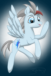 Size: 1000x1500 | Tagged: safe, artist:soctavia, oc, oc only, oc:solo wing, species:pegasus, species:pony, flying, happy, male, simple background, smiling, solo, waving