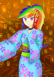 Size: 2893x4133 | Tagged: safe, artist:dragonemperror2810, character:rainbow dash, species:human, beautiful, clothing, ear piercing, earring, female, humanized, jewelry, looking at you, multicolored hair, piercing, smiling, solo, yukata