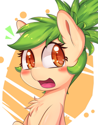 Size: 825x1050 | Tagged: safe, artist:tikrs007, oc, oc only, oc:green cracker, alternate hairstyle, blushing, bust, chest fluff, green mane, looking at you, open mouth, solo, yellow coat, yellow eyes
