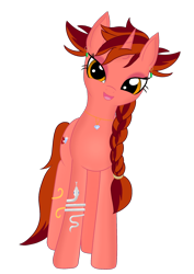 Size: 1240x1754 | Tagged: safe, artist:fimbulvinter, oc, oc only, oc:ruby quartz, species:pony, species:unicorn, 2018 community collab, derpibooru community collaboration, armlet, braid, diamond, ear piercing, earring, female, gem, jewelry, looking at you, mare, piercing, simple background, smiling, solo, transparent background