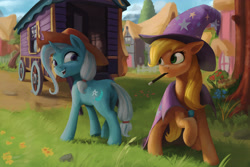 Size: 4479x3000 | Tagged: safe, artist:starblaze25, character:applejack, character:trixie, species:earth pony, species:pony, species:unicorn, accessory swap, applejack's hat, cape, clothing, cowboy hat, duo, female, floppy ears, hat, high res, lesbian, looking back, magic wand, mane swap, mare, mouth hold, open mouth, ponyville, raised hoof, shipping, smiling, stetson, the great and powerful, tripplejack, trixie's cape, trixie's hat, trixie's wagon, wand