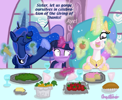 Size: 1296x1061 | Tagged: safe, artist:inkrose98, character:princess celestia, character:princess luna, character:twilight sparkle, :|, alfalfa, cake, herbivore, magic, messy, messy eating, smiling, thanksgiving, wide eyes