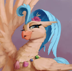 Size: 2021x2000 | Tagged: safe, artist:starblaze25, character:princess skystar, species:classical hippogriff, species:hippogriff, g4, my little pony: the movie (2017), female, fluffy, jewelry, lidded eyes, looking at you, necklace, open mouth, seashell necklace, shell, smiling, solo, wings