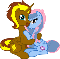 Size: 900x888 | Tagged: safe, artist:nstone53, oc, oc only, oc:prince cosmic light, oc:princess sorraia, species:alicorn, species:pony, 2018 community collab, derpibooru community collaboration, alicorn oc, embrace, female, male, shipping, simple background, sitting, sorright, straight, transparent background