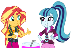 Size: 6000x4000 | Tagged: safe, artist:spottedlions, part of a set, character:sonata dusk, character:sunset shimmer, my little pony:equestria girls, absurd resolution, beverage, clothing, commission, cute, friendshipping, fruit punch, punch (drink), punch bowl, shimmerbetes, simple background, smiling, tongue out, white background