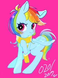 Size: 1536x2048 | Tagged: safe, artist:yam, character:rainbow dash, species:pegasus, species:pony, clothing, female, head turn, looking at you, looking sideways, scarf, smiling, solo, spread wings, wings