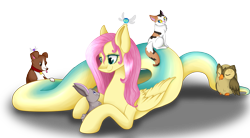 Size: 2621x1452 | Tagged: safe, artist:mailner, character:fluttershy, character:owlowiscious, character:winona, species:lamia, species:rabbit, cat, fluttersnake, monster pony, original species, parasprite, simple background, smiling, snake pony, species swap, transparent background
