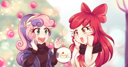 Size: 1900x1000 | Tagged: safe, artist:lucy-tan, character:apple bloom, character:sweetie belle, species:chicken, species:human, adorabloom, anime, apple bloom's bow, bow, christmas, christmas tree, clothing, cute, diasweetes, duo, female, hair bow, headband, holiday, humanized, long hair, open mouth, ornament, scootachicken, smiling, squishy cheeks, sweater, tree
