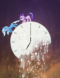 Size: 744x963 | Tagged: safe, artist:zaponator, character:starlight glimmer, character:trixie, species:pony, species:unicorn, biting, clock, duo, female, floppy ears, mare, raised hoof, tail bite