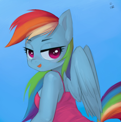 Size: 782x787 | Tagged: safe, artist:ehfa, character:rainbow dash, species:anthro, species:pegasus, g4, bedroom eyes, blep, blue background, clothing, colored eyebrows, colored pupils, eyebrows, eyebrows visible through hair, female, lidded eyes, looking at you, looking back, mare, simple background, solo, three quarter view, tongue out