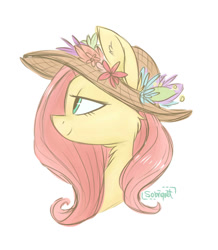 Size: 857x985 | Tagged: dead source, safe, artist:flourret, character:fluttershy, species:pegasus, species:pony, bust, clothing, female, flower, hat, lidded eyes, mare, portrait, profile, simple background, smiling, solo, straw hat, white background