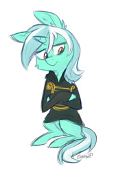 Size: 920x1364 | Tagged: safe, artist:flourret, character:lyra heartstrings, species:pony, species:unicorn, fanfic:background pony, clothing, dig the swell hoodie, female, hoodie, hug, looking away, looking down, lyre, mare, ponies wearing black, sad, simple background, solo, white background