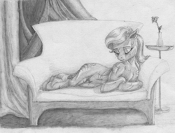 Size: 1024x779 | Tagged: safe, artist:joestick, character:diamond tiara, species:earth pony, species:pony, chest fluff, couch, eyes closed, female, flower, grayscale, lying down, mare, monochrome, older, rose, scarred, solo