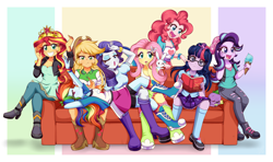 Size: 3200x1900 | Tagged: safe, artist:lucy-tan, character:angel bunny, character:applejack, character:fluttershy, character:pinkie pie, character:rainbow dash, character:rarity, character:spike, character:spike (dog), character:starlight glimmer, character:sunset shimmer, character:twilight sparkle, character:twilight sparkle (scitwi), species:dog, species:eqg human, equestria girls:mirror magic, g4, my little pony: equestria girls, my little pony:equestria girls, spoiler:eqg specials, applejack's hat, beanie, big crown thingy, book, boots, clothing, compression shorts, couch, cowboy hat, cute, denim skirt, element of magic, female, food, freckles, glasses, hat, high heel boots, humane eight, humane seven, ice cream, jewelry, looking at you, male, mary janes, moe, one eye closed, open mouth, pants, regalia, ripped pants, shoes, shorts, sitting, skirt, smiling, socks, stetson