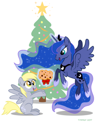 Size: 606x768 | Tagged: safe, artist:tim-kangaroo, character:derpy hooves, character:princess luna, species:alicorn, species:pegasus, species:pony, g4, bow, christmas, christmas tree, decoration, female, flying, food, glowing horn, hearth's warming, holiday, magic, mare, muffin, present, profile, signature, simple background, sitting, telekinesis, three quarter view, tree, white background