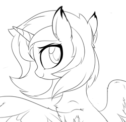 Size: 606x590 | Tagged: safe, artist:aureai-sketches, character:princess luna, species:alicorn, species:pony, bust, chest fluff, ear fluff, female, filly, happy, looking back, monochrome, s1 luna, sketch, smiling, solo, spread wings, wing fluff, wings, wip, woona, younger