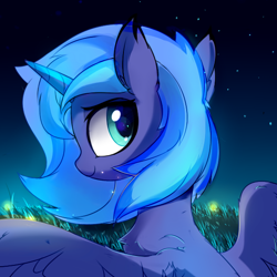Size: 590x590 | Tagged: safe, artist:aureai, character:princess luna, species:alicorn, species:pony, bust, chest fluff, cute, ear fluff, female, filly, firefly, happy, looking at you, looking back, looking back at you, lunabetes, night, s1 luna, sketch, smiling, solo, spread wings, starry night, stars, wing fluff, wings, woona, younger